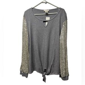 Tea Please sequin long sleeves silver gray waffle knit top sweater size 2X NWT
